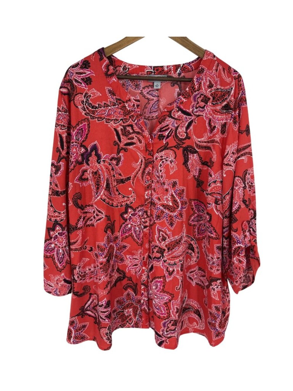 Catherines‎ Paisley Print Button Down Blouse In Coral Red & Purple Size 3X